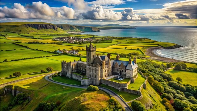 Majestic Classiebawn Castle stands proudly amidst lush greenery and rolling hills in County Sligo, Ireland, a iconic landmark and must-visit destination for travelers.