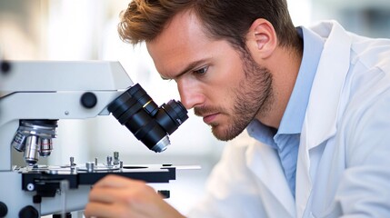 A focused biomedical scientist examining samples under a microscope in a modern laboratory with bright lighting