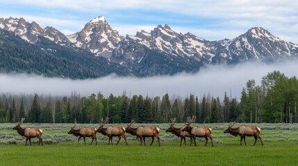 Obraz premium A herd of wild elk grazes peacefully in Grand Teton National Park, surrounded by mountains and forest as the sun rises on a beautiful summer morning