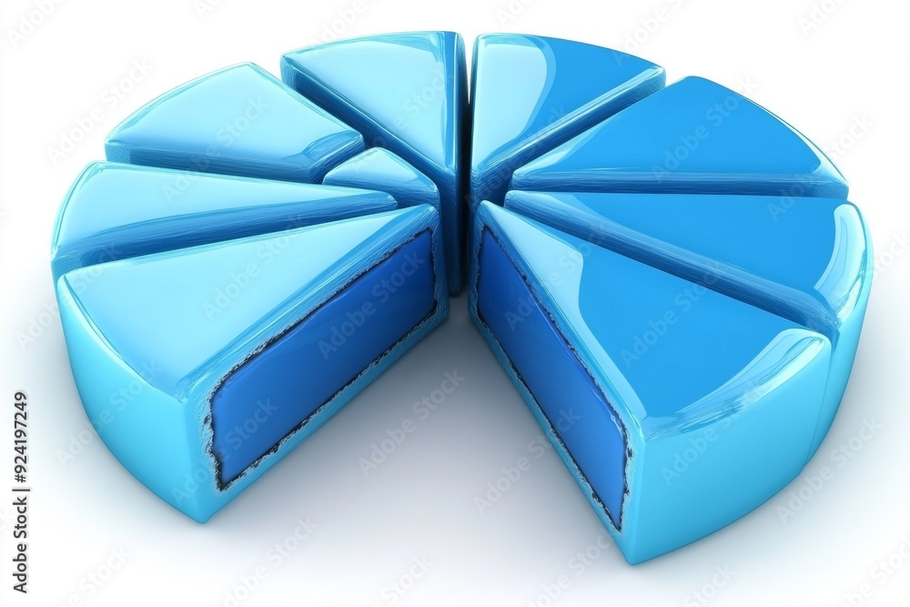Poster blue pie chart with segments arranged in a circular formation symbolizing data analysis market segme