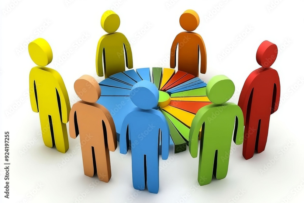 Poster colorful figures sitting around a circular table symbolizing teamwork collaboration and decision mak