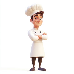 3D cartoon, a male chef in a white uniform profession. on a solid white background