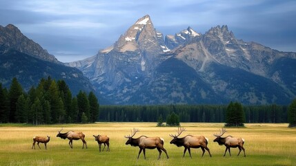 Obraz premium A herd of wild elk grazes peacefully in Grand Teton National Park, surrounded by mountains and forest as the sun rises on a beautiful summer morning