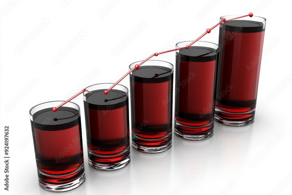Poster Five connected glasses filled with red liquid symbolizing teamwork shared success and collaborative efforts ideal for business themes team building and social dynamics in a vibrant context