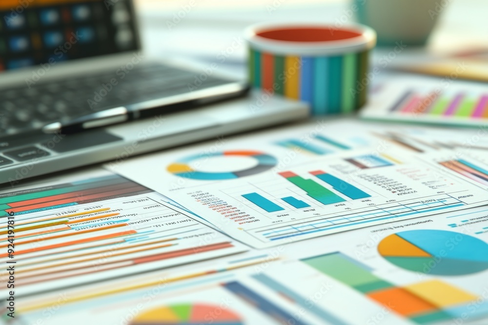 Poster colorful charts and graphs spread across a desk symbolizing data analysis business strategy and fina