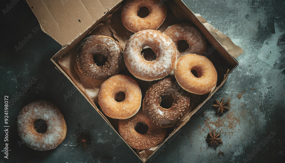 Wall mural overhead shot: box of donuts