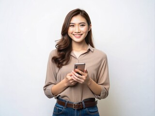 Fototapeta premium Portrait of a young Asian transgender woman standing confidently alone, holding a mobile phone, isolated on a clean white background with a gentle smile.