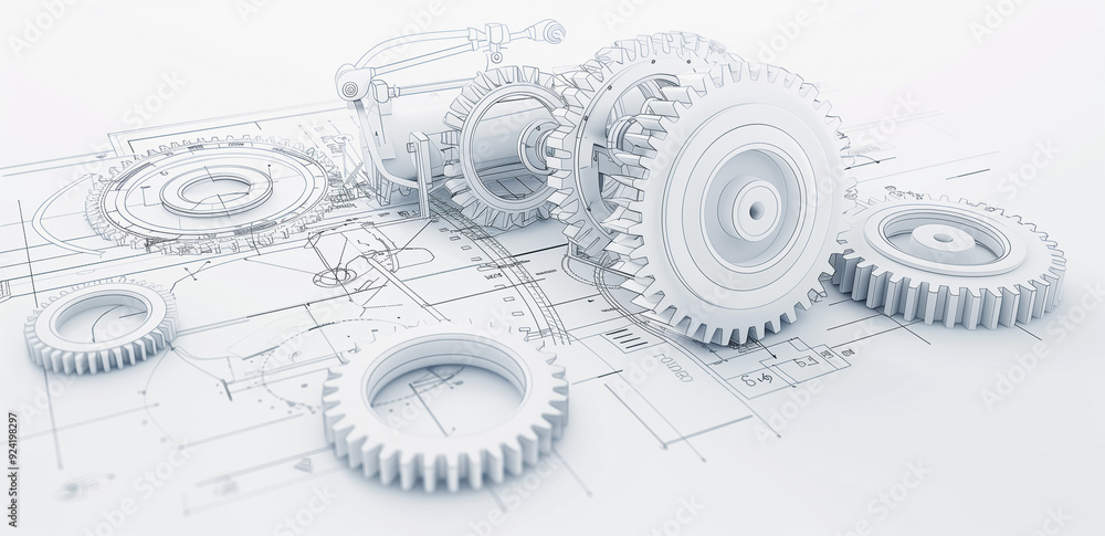 Wall mural white mechanical gears displayed over technical blueprint in a monochromatic scheme.