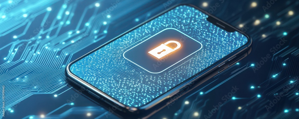 Poster a smartphone with a digital lock symbol on a circuit board background, representing cybersecurity an