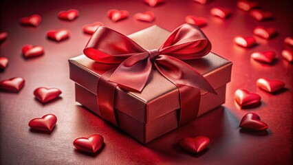 Romantic Valentine's Day composition featuring a luxurious red gift box adorned with a beautiful bow and heart, perfect for holiday greeting cards or celebratory messages.