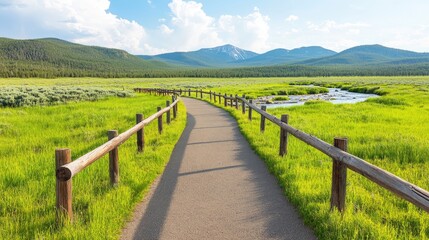 Fototapeta premium A narrow path guides visitors toward the parking area of Yellowstone National Park, featuring a wooden bridge and vibrant grass beside a small stream