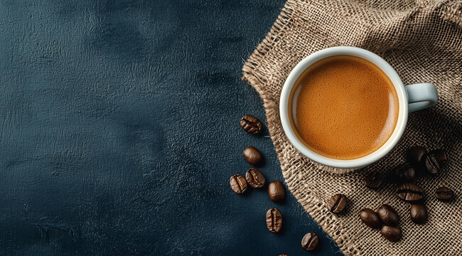 Top view of a coffee cup on a rustic burlap cloth with scattered coffee beans.
