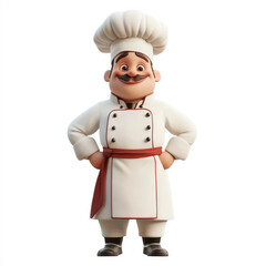 3D cartoon, a male chef in a white uniform profession. on a solid white background