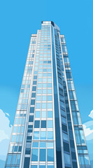 Fototapeta premium Upward view of modern skyscraper against clear blue sky, emphasizing its height. 