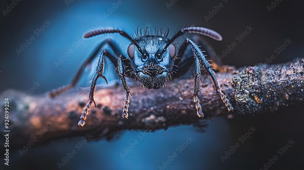 Wall mural a close-up of a spider on a tree branch with droplets of water on its face and legs
