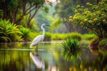 Obraz premium Serene panoramic landscape of a little egret wading in a calm rainforest pond surrounded by dense foliage, grasslands, and dramatic monsoon-swollen swamp scenery.