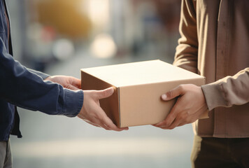 Delivery man holding a cardboard box delivering to customer home