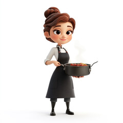 3D cartoon, a female chef in a dark uniform profession. on a solid white background