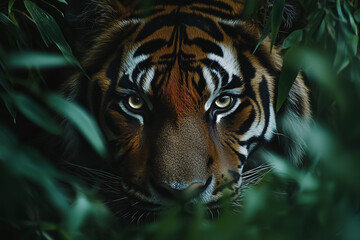 Intense gaze of a tiger hidden in dense foliage, symbolizing stealth and power in the wild.
