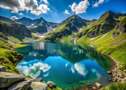 Serene turquoise Caltun Glacial Lake nestled among rugged Fagaras Mountains in Romania, surrounded by lush greenery and majestic rocky peaks under a clear blue sky.