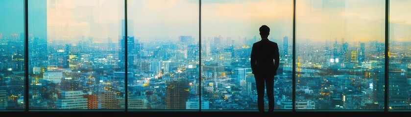 A businessman standing by a large window, cityscape in the background close up, focus on, copy space Soft lighting with expansive view Double exposure silhouette with urban horizon