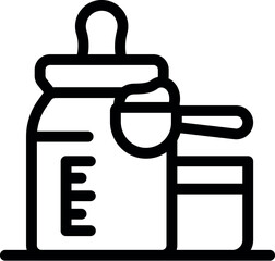 Black and white line icon of a baby bottle being prepared with a scoop of powdered milk formula