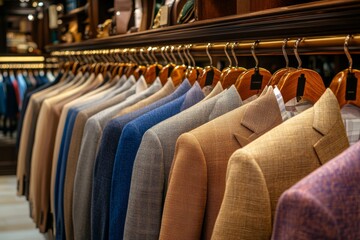 Row of suits and blazers on hangers in a retail store symbolizing fashion diversity modern style and business attire ideal for fashion retail and clothing themes