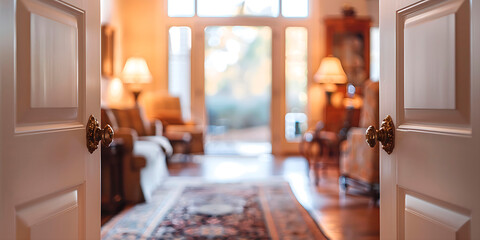 Open doors lead out of the living room. The living room is very spacious and has lots of furniture. The door is open and the room is illuminated by sunlight.