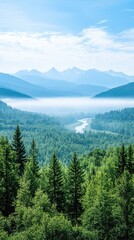 Obraz premium The sun rises over National Park, casting golden light on the mountains and lush forests while a river winds through the verdant landscape below