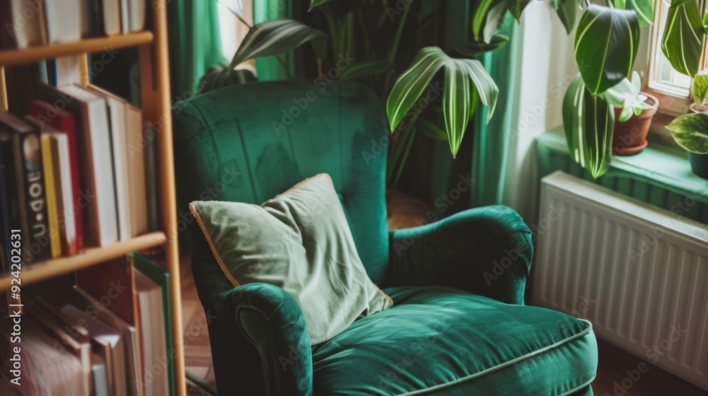 Aufkleber a cozy reading nook nestled in the corner of a room with deep emerald velvet ds surrounding a comfor