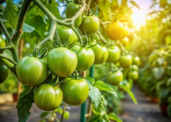 Juicy green tomatoes cling to an indeterminate vine, ripening in the sun on a lush, outdoor UK garden, showcasing the beauty of nature's bounty.