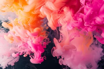Fototapeta premium abstract colorful ink or smoke swirling in water, creating dynamic, flowing shapes, bright pink, yellow, and red hues contrasted against a deep blue black background