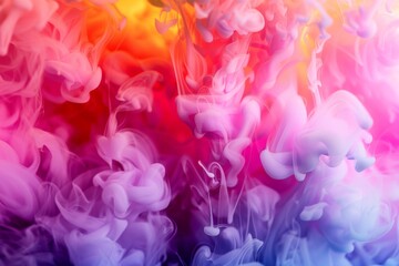 Obraz premium abstract colorful ink or smoke swirling in water, creating dynamic, flowing shapes, bright pink, yellow, and red hues contrasted against a deep blue black background