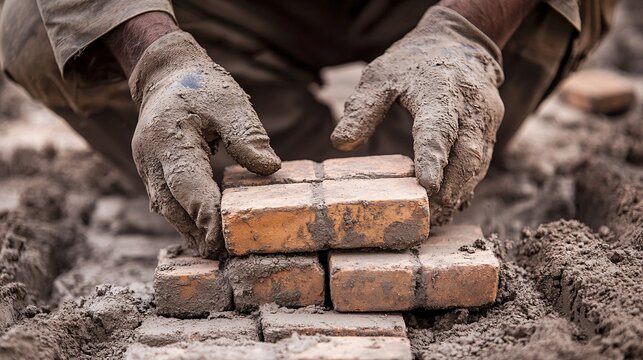 A skilled brickmason expertly laying bricks in a construction site, showcasing precision and craftsmanship