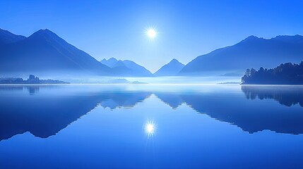  A serene mountainous scene surrounds a body of water, topped off with a vibrant blue sky and a golden sun A quaint island rests peace
