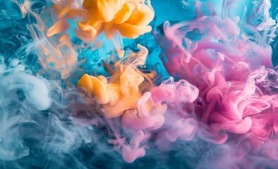 Obraz premium abstract colorful ink or smoke swirling in water, creating dynamic, flowing shapes, bright pink, yellow, and red hues contrasted against a deep blue black background