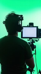 A camera operator reviewing footage on a monitor, with a light solid color background enhancing the scene