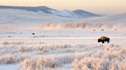 Obraz premium A majestic bison grazes in the snowy grasslands of Park, surrounded by fellow bison amidst the soft light of early morning
