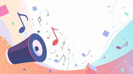 a minimalist flat 2D vector style speaker on the left side of a widescreen canvas, with a few simple geometric music notes emerging from it and floating across to the right, generative ai