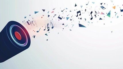Obraz premium a minimalist flat 2D vector style speaker on the left side of a widescreen canvas, with a few simple geometric music notes emerging from it and floating across to the right, generative ai