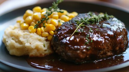 Close-up of a Salisbury steak topped with rich brown gravy, served with creamy mashed potatoes and sweet corn, garnished with fresh herbs, creating a comforting and hearty meal on a dark plate