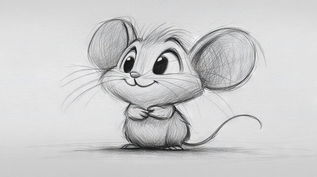  A pencil sketch of a mouse wearing a bow tie and wide-open eyes, perched against a white backdrop