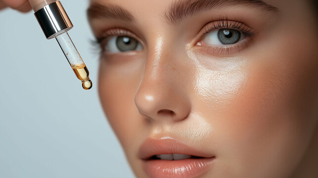 Closeup of female eye and dropper with rejuvenating serum , woman skin  and pipette with serum 