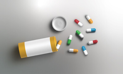 Pill bottle and a pack of colored capsules, medication, painkiller, the flu, cure, 3d render