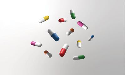 Colored capsules falling down, pills falling down, medication,  the flu, painkiller, 3d render
