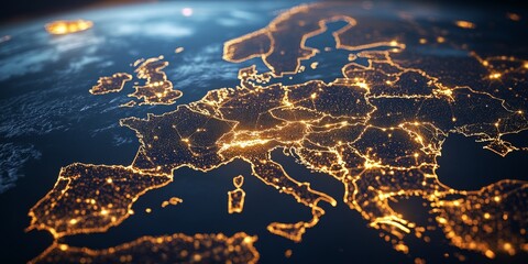 A map of Europe with glowing connections between cities, representing a global network and connectivity