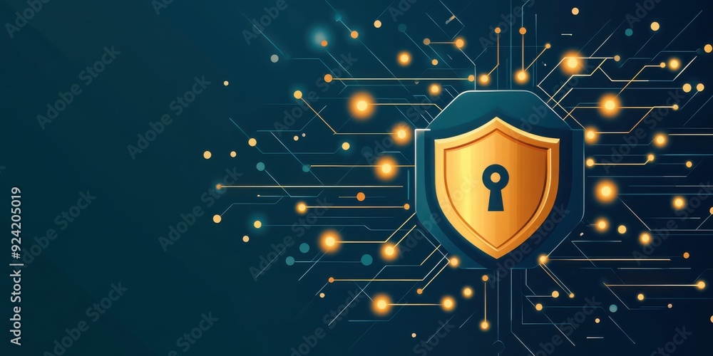 Poster a digital shield with a lock symbol representing cybersecurity and data protection in a modern tech 