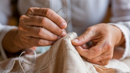 Close up of a Person Stitching, Expert Hand-Stitching: A Seamstress's Precision in Natural Light and Vibrant Traditional Fabrics, A Woman Stitching a Shirt with hands, Taylor Hands.