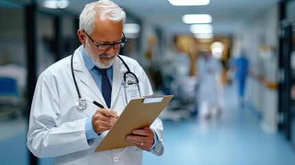 A senior doctor writing on a clipboard during rounds in a busy urban hospital