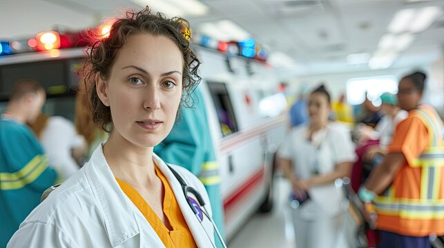 A hectic ER scene where patients are arriving via ambulance